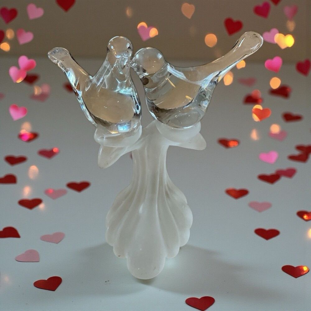 Crystal Lovebirds On A Frosted Branch Figurine Taiwan Kissing Doves VTG 6.25”